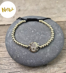 New! VL Dressy Handmade Bracelet HAMSA, gold/svart & cubic zirconias