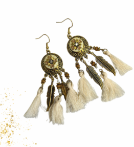 Winter SALE! VL Dressy BOHO Vintage Beaded Tassel Earrings, beige & gold