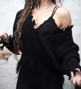 New! VL Dressy Boho KnitWear Raw Edge Tassel V-neck, black