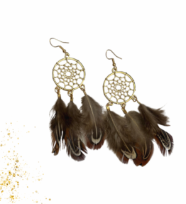 New! VL Dressy BOHO Dream Catcher Leaf Feather Earrings, brown & gold