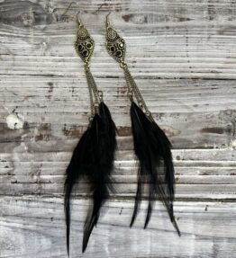 SALE! VL Dressy BOHO Tassel Feather Earrings, black & gold