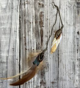 New! VL Dressy BOHO Extra Long 2 Feathers Earring one ear, gold, white & brown