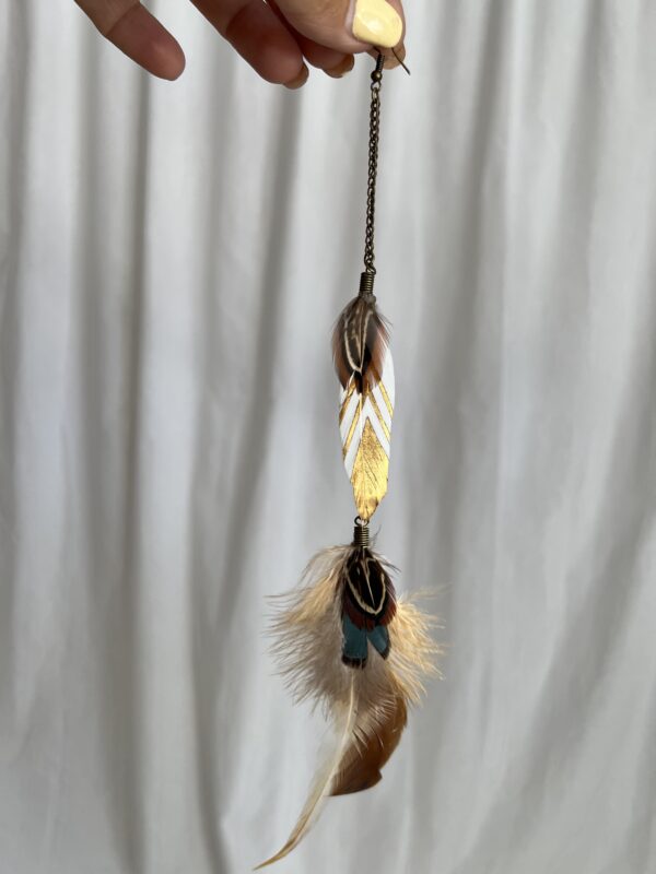 New! VL Dressy BOHO Extra Long 2 Feathers Earring one ear, gold, white & brown - Bild 2