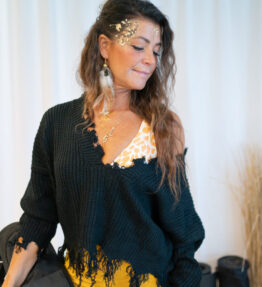 New! VL Dressy Boho KnitWear Raw Edge Tassel V-neck, black